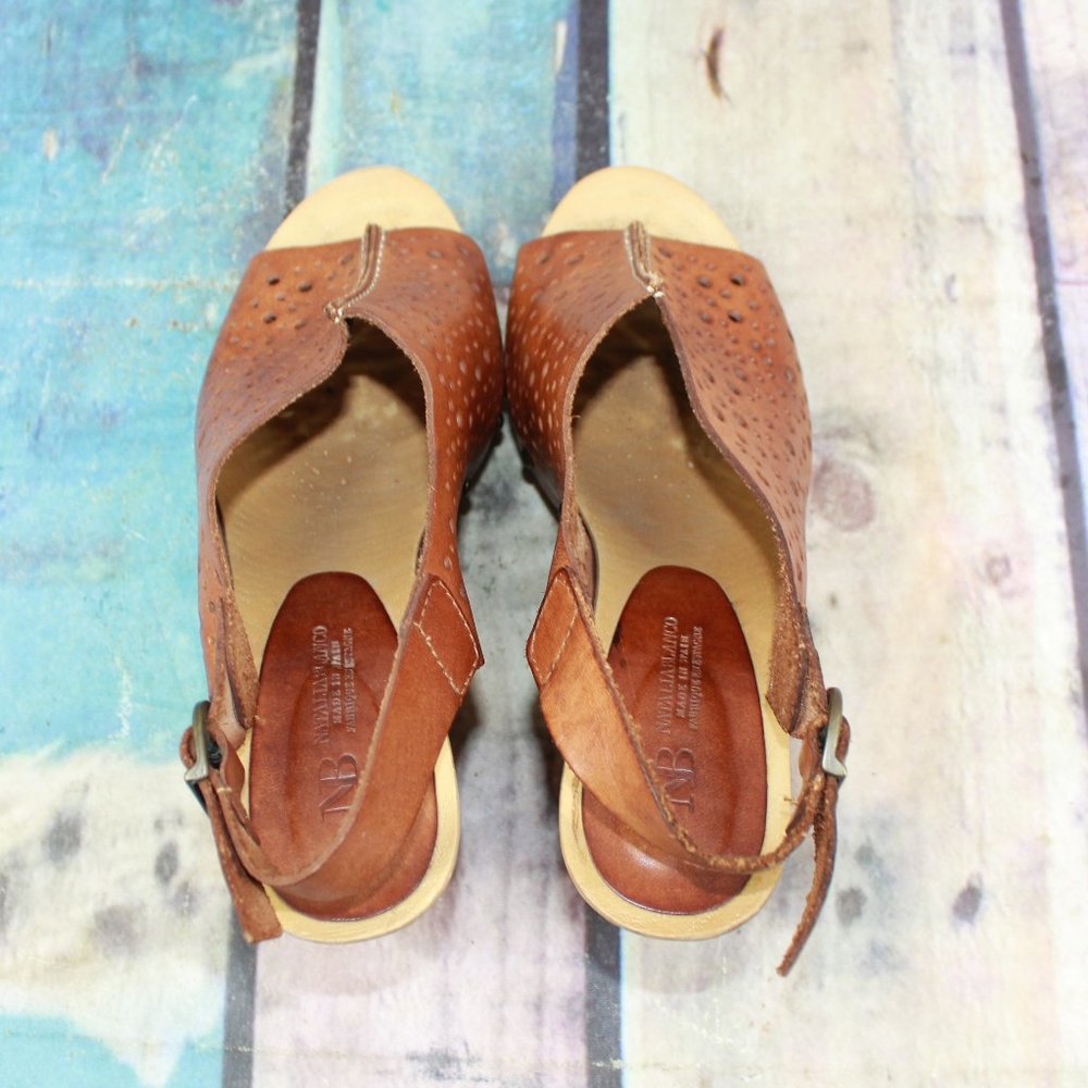 Natalia Blanco Brown Lacer Cut Leather Ankle Strap Platform Sandals Size 9 M - Picture 6 of 9